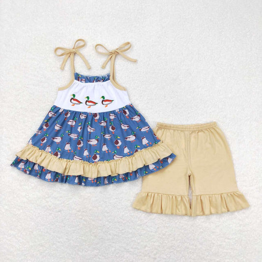 GSSO0697 Duck Embroidery Strap Tunic Top Ruffle Shorts Girls Summer Clothes Set