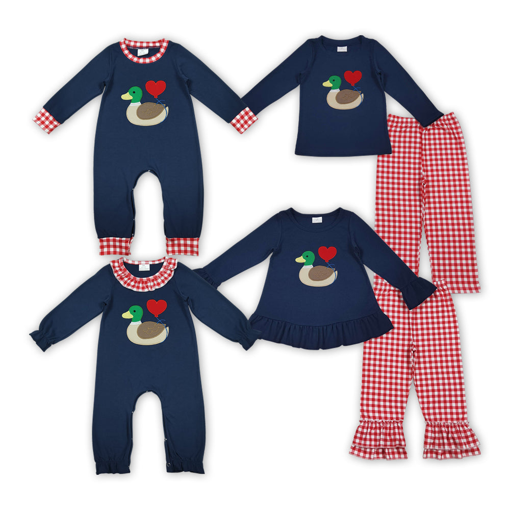Duck Heart Embroidery Navy Color Kids Valentine's Day Matching Clothes Sibling Wear
