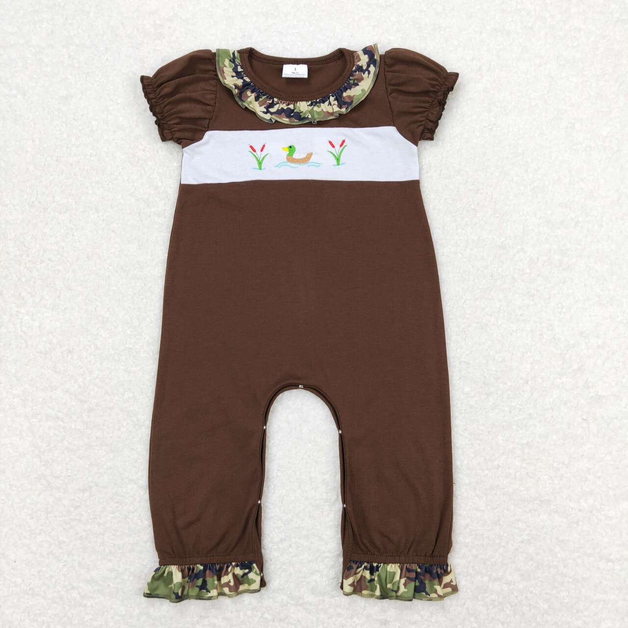 SR0582 Duck Embroidery Brown Baby Girls Summer Romper