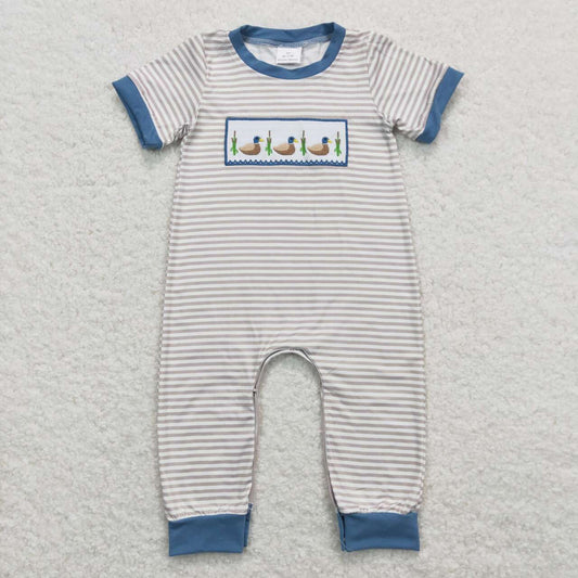 SR0947 Duck Embroidery Stripes Print Baby Boys Summer Romper
