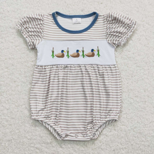 SR0987 Duck Embroidery Stripes Print Baby Girls Summer Romper
