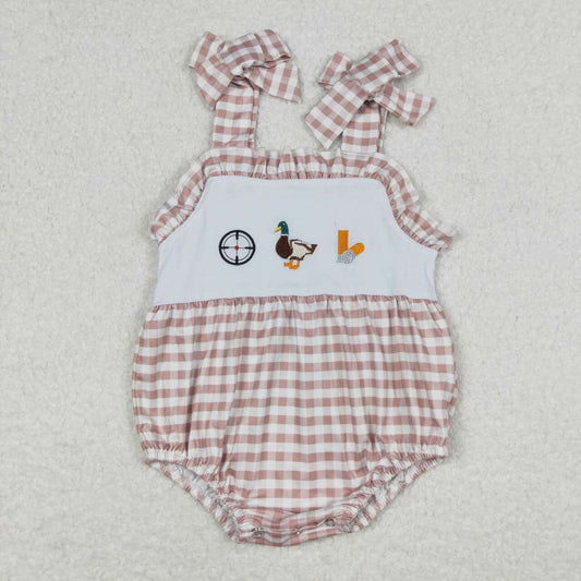 SR1008 Duck Embroidery Hunting Baby Girls Summer Strap Romper