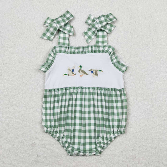 SR1065 Duck Embroidery Green Plaid Print Baby Girls Summer Strap Romper