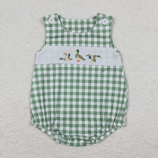 SR1066 Duck Embroidery Green Plaid Baby Boys Summer Romper