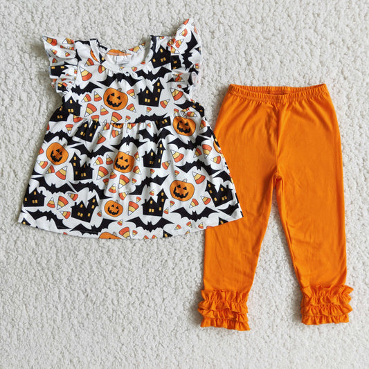 (Promotion) Pumpkin Candy Tunic Top Orange Pants Girls Halloween Outfits  E3-5