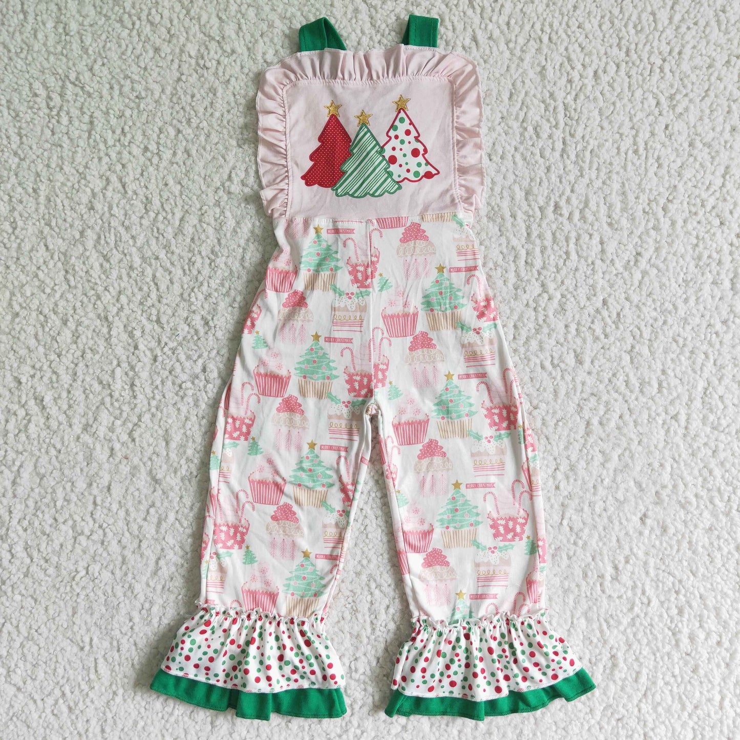 GLP0950 Red Cotton Top Pink Cake Print Overall Girls Jumpsuits Christmas Clothes Sets