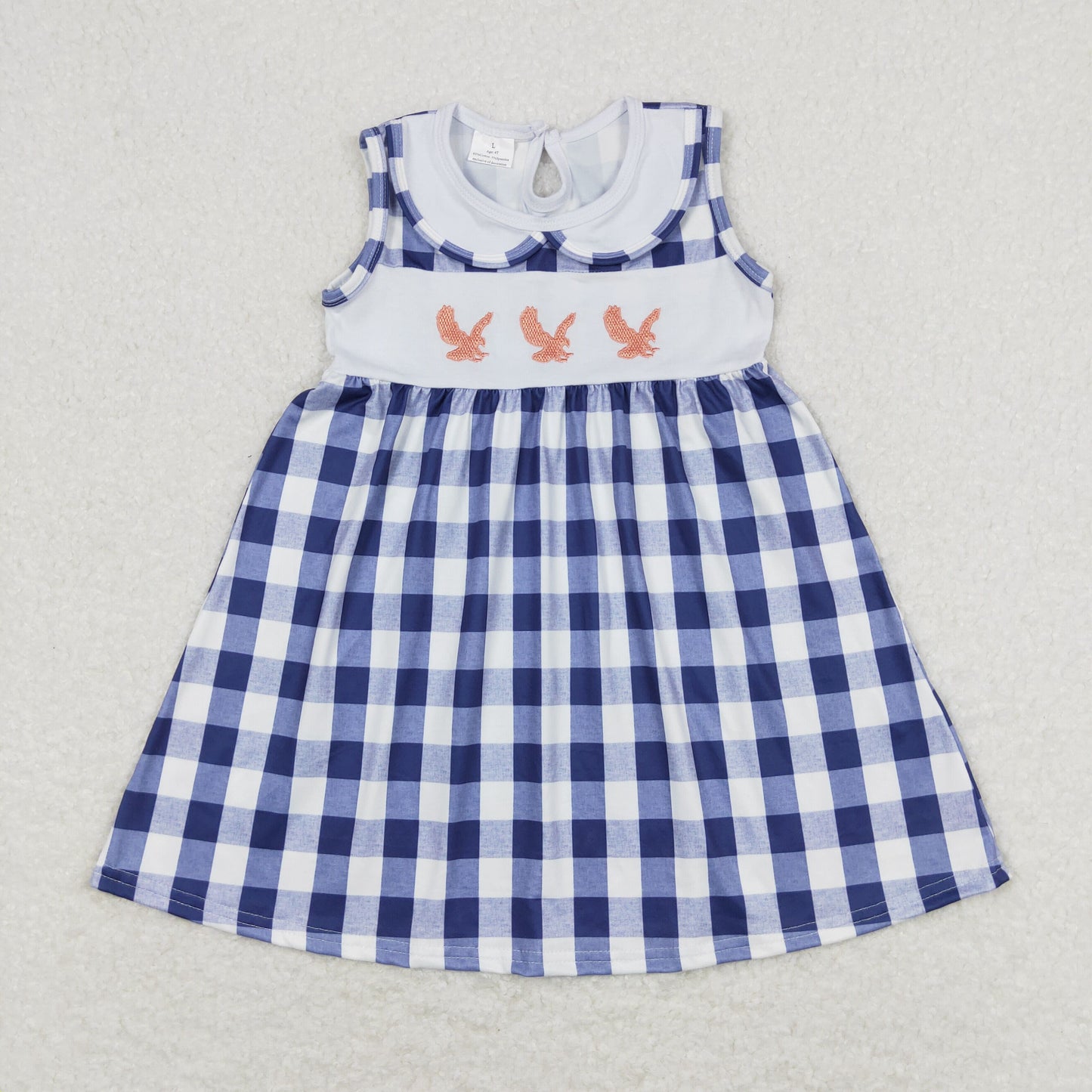 GSD0802 Eagle Embroidery Navy Plaid Print Girls Summer Knee Length Dress