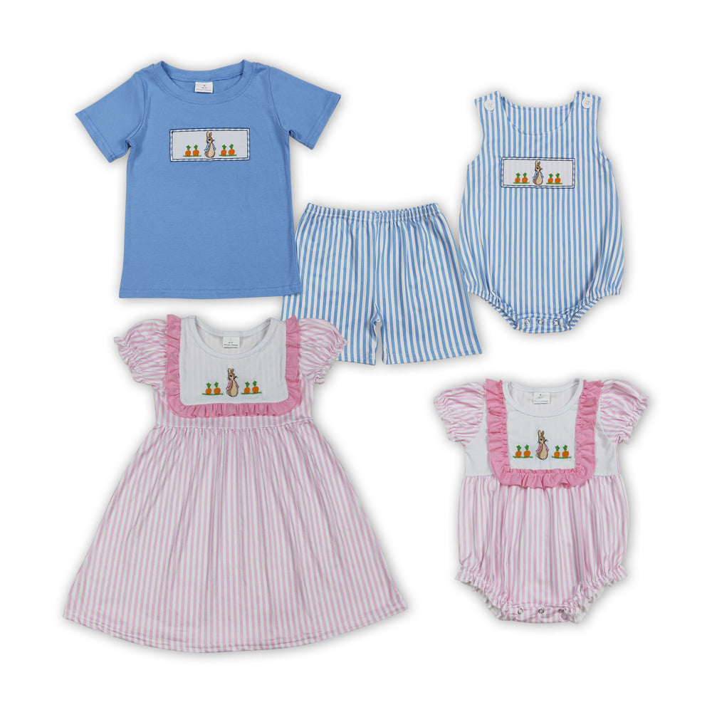Bunny Embroidery Stripes Print Sibling Easter Matching Clothes