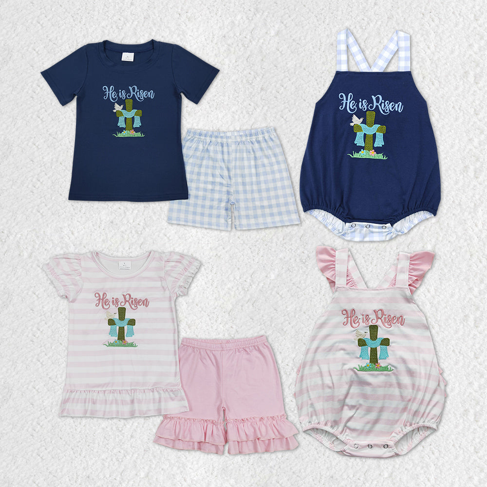 He Is Risen Cross Embroidery Stripes Print Sibling Easter Matching Clothes