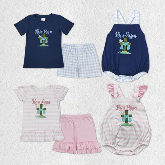 He Is Risen Cross Embroidery Stripes Print Sibling Easter Matching Clothes