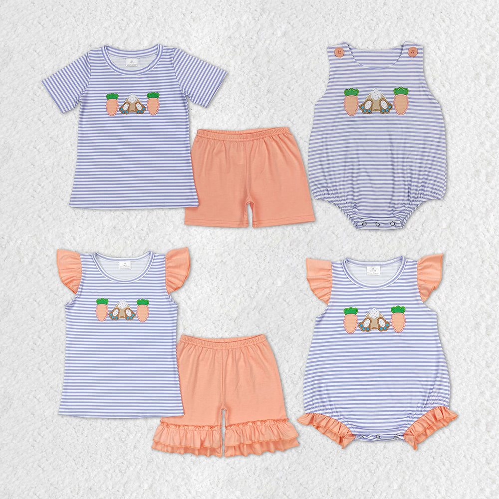 Bunny Carrot Embroidery Stripes Print Sibling Easter Matching Clothes