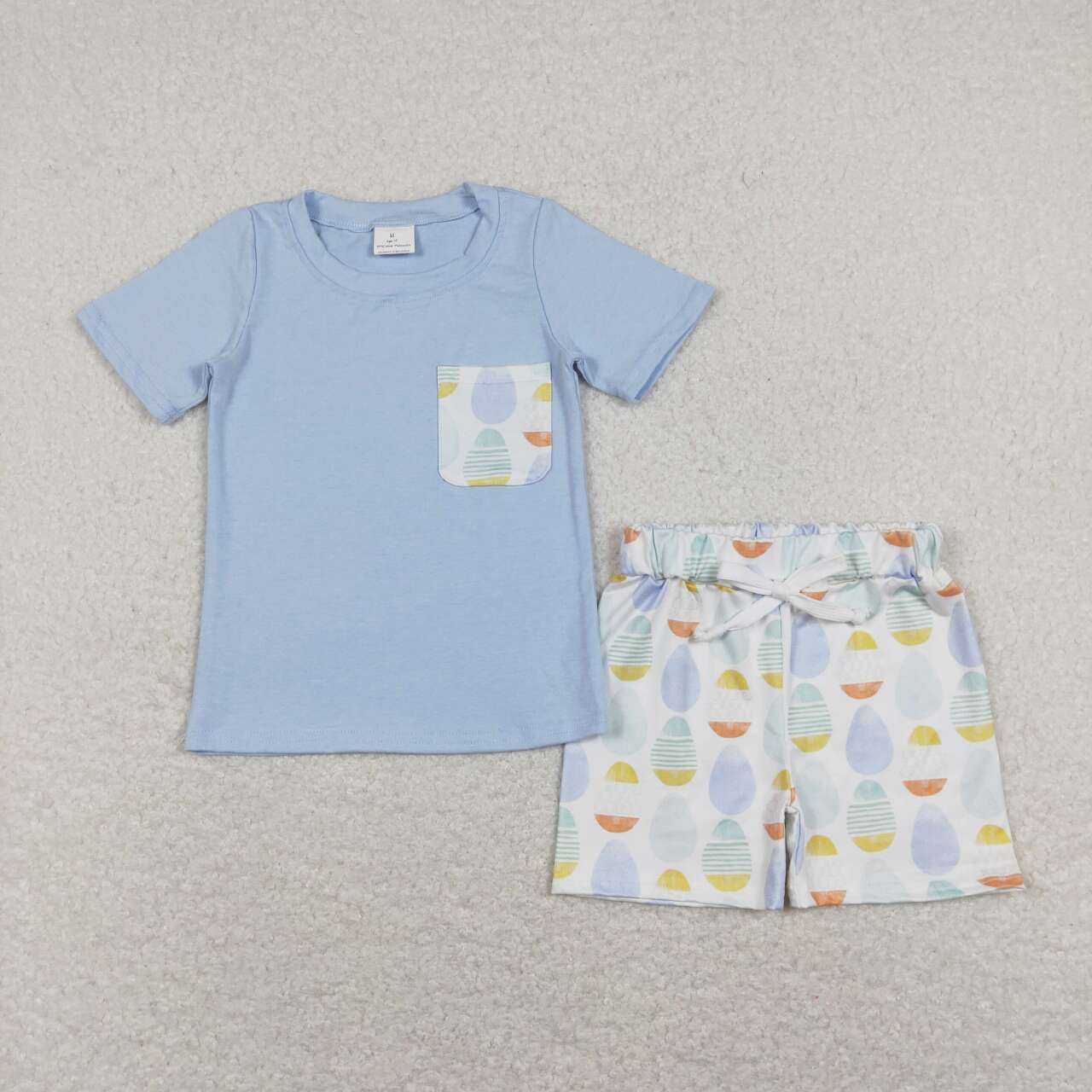 BSSO0525 Blue Pocket Top Colorful Eggs Shorts Boys Easter Clothes Set