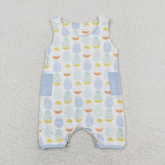 SR0901 Colorful Eggs Print Pockets Baby Boys Easter Romper