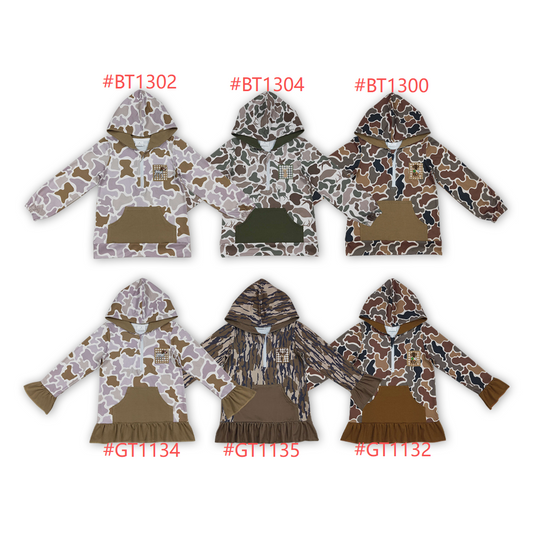 Embroidery Camo Print Kids Fall Pockets Zipper Hoodie Top Sibling Wear
