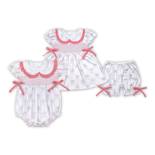 Embroidery Pink Small Flowers Print Sisters Summer Matching Clothes