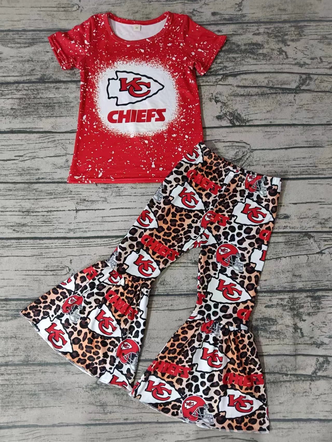 (Custom Design MOQ 5)  Red Football Team's Print Girls Bell Pants Clothes Set