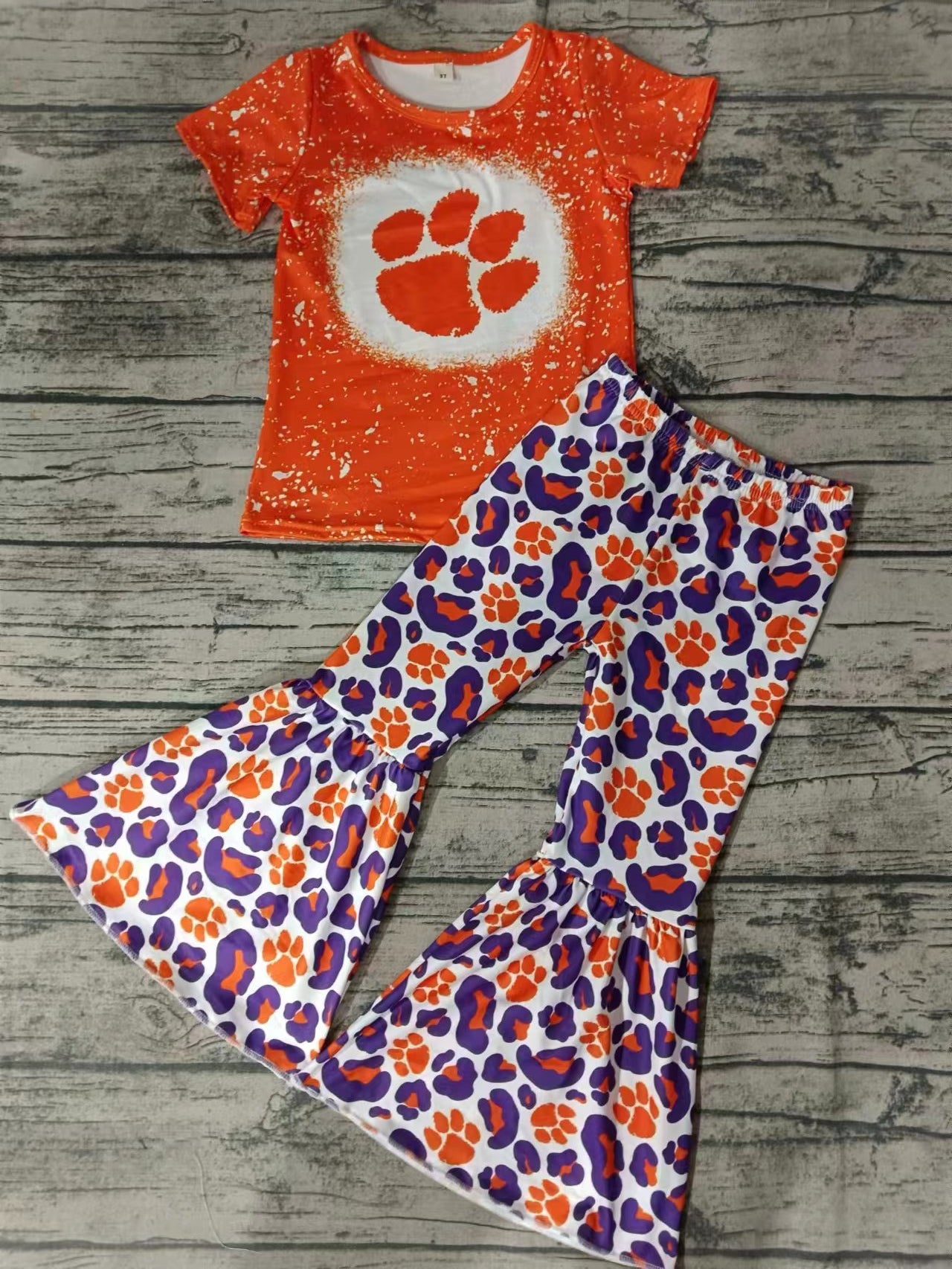 (Custom Design MOQ 5) Orange Football Team's Leopard Bell Pants Girls Clothes Set