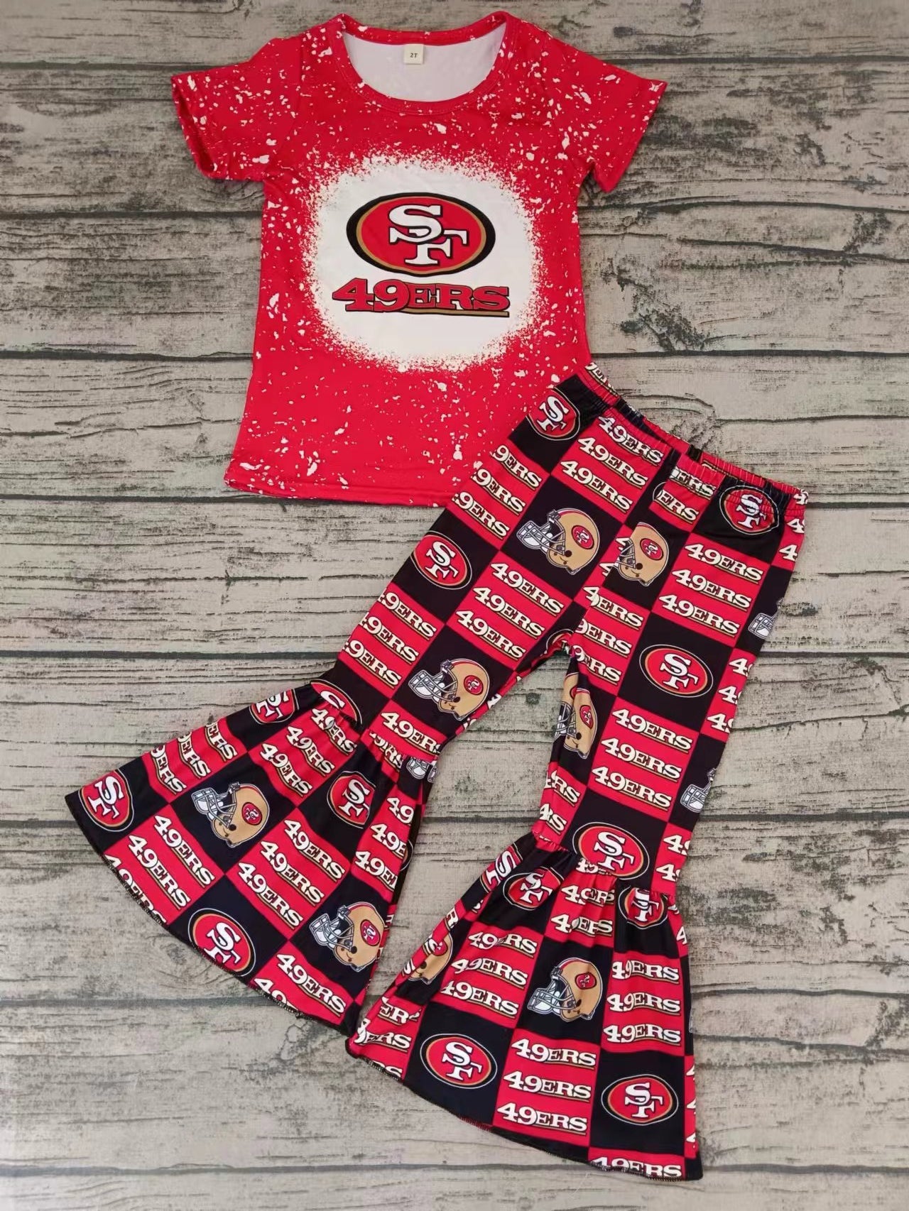 (Custom Design MOQ 5) Red Football Team's Bell Pants Girls Clothes Set