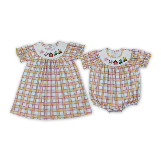 Farm Animals Embroidery Plaid Sisters Smocked Matching Clothes