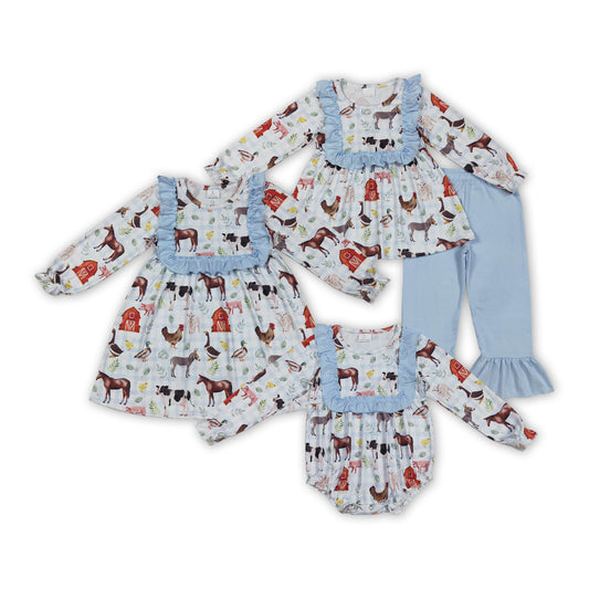 Farm Animals Print Girls Fall Clothes Sisters Matching Wear