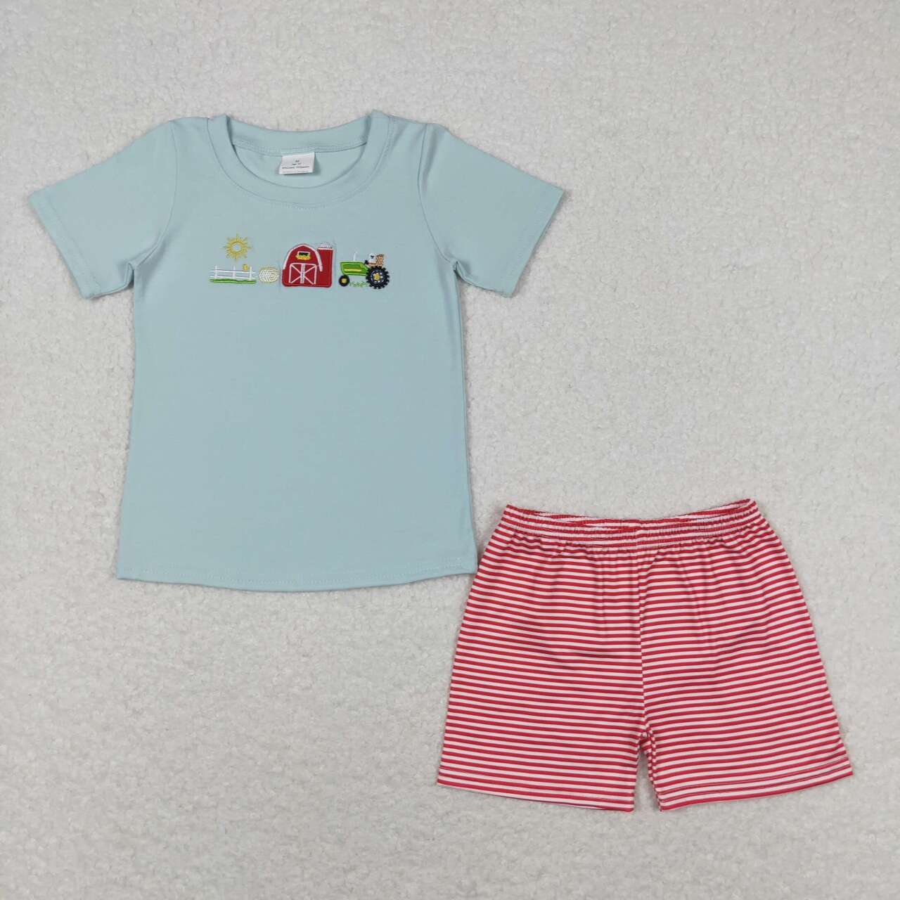 BSSO0702  Farm Embroidery Top Red Stripes Shorts Boys Summer Clothes Set