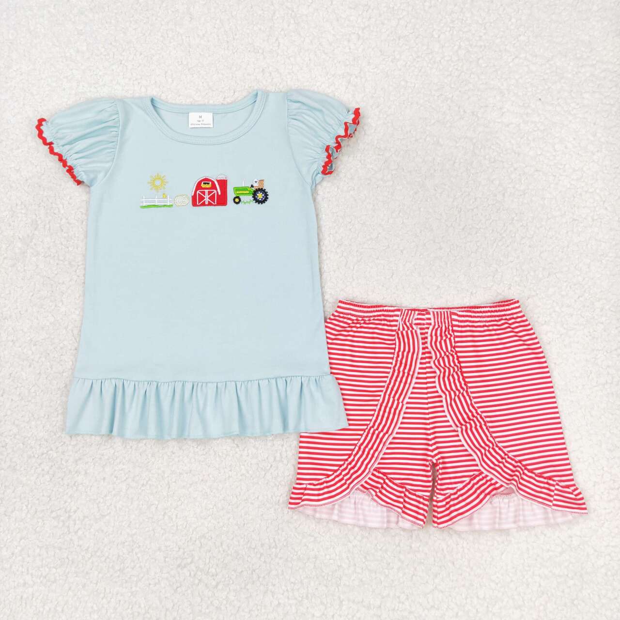 GSSO0788  Farm Embroidery Top Red Stripes Shorts Girls Summer Clothes Set
