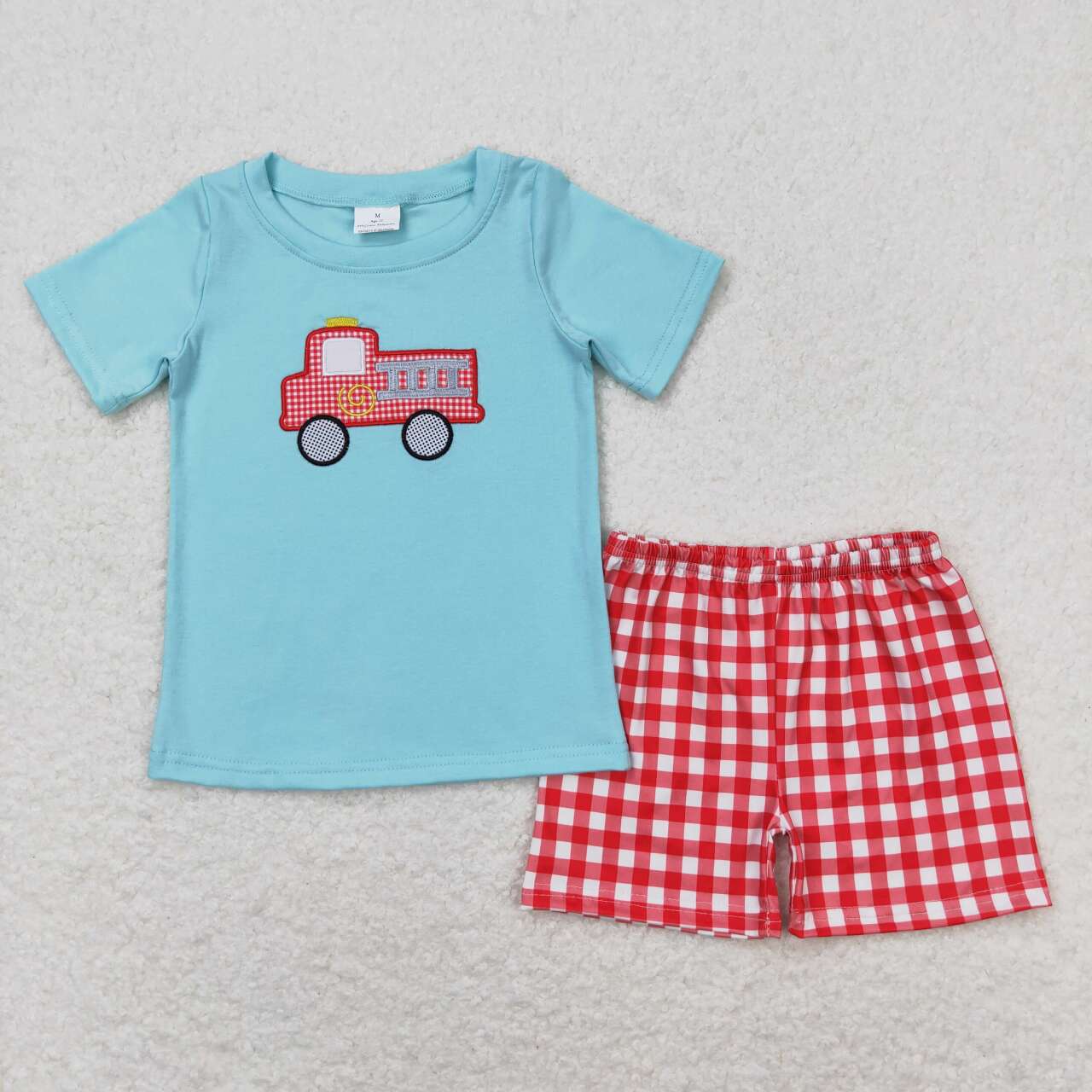 BSSO0549 Fire Engine Embroidery Blue Top Red Plaid Shorts Boys Summer Clothes Set