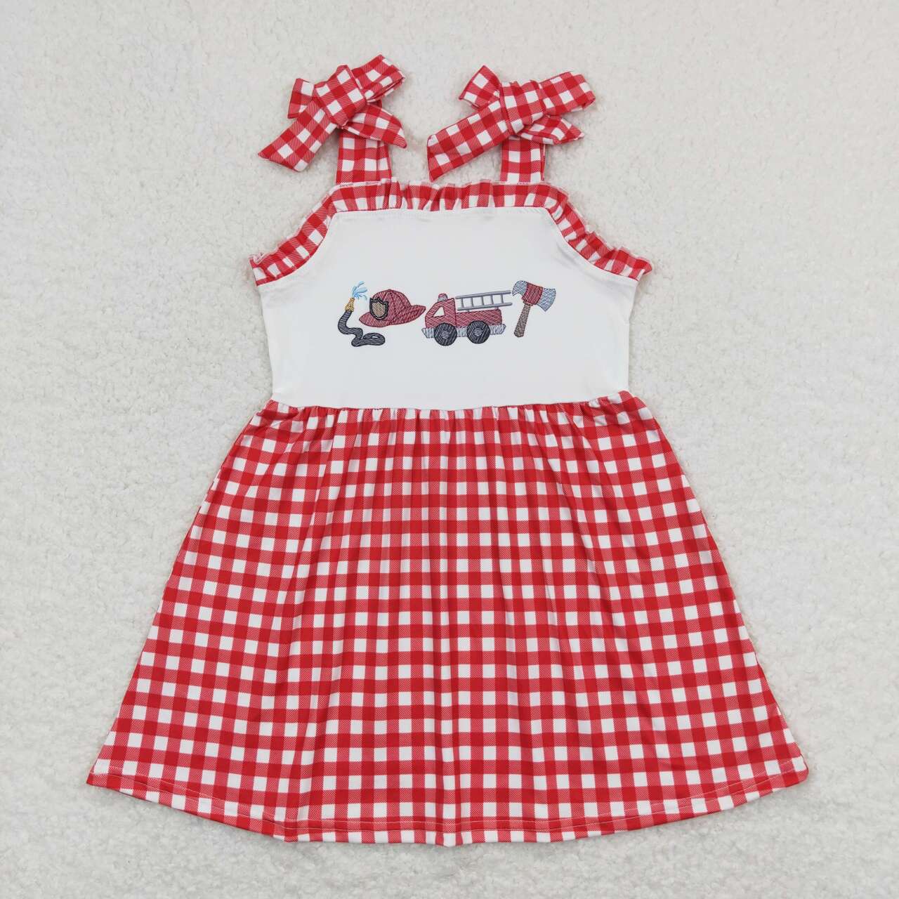 GSD0906 Fire Engine Red Plaid Print Girls Knee Length Summer Dress