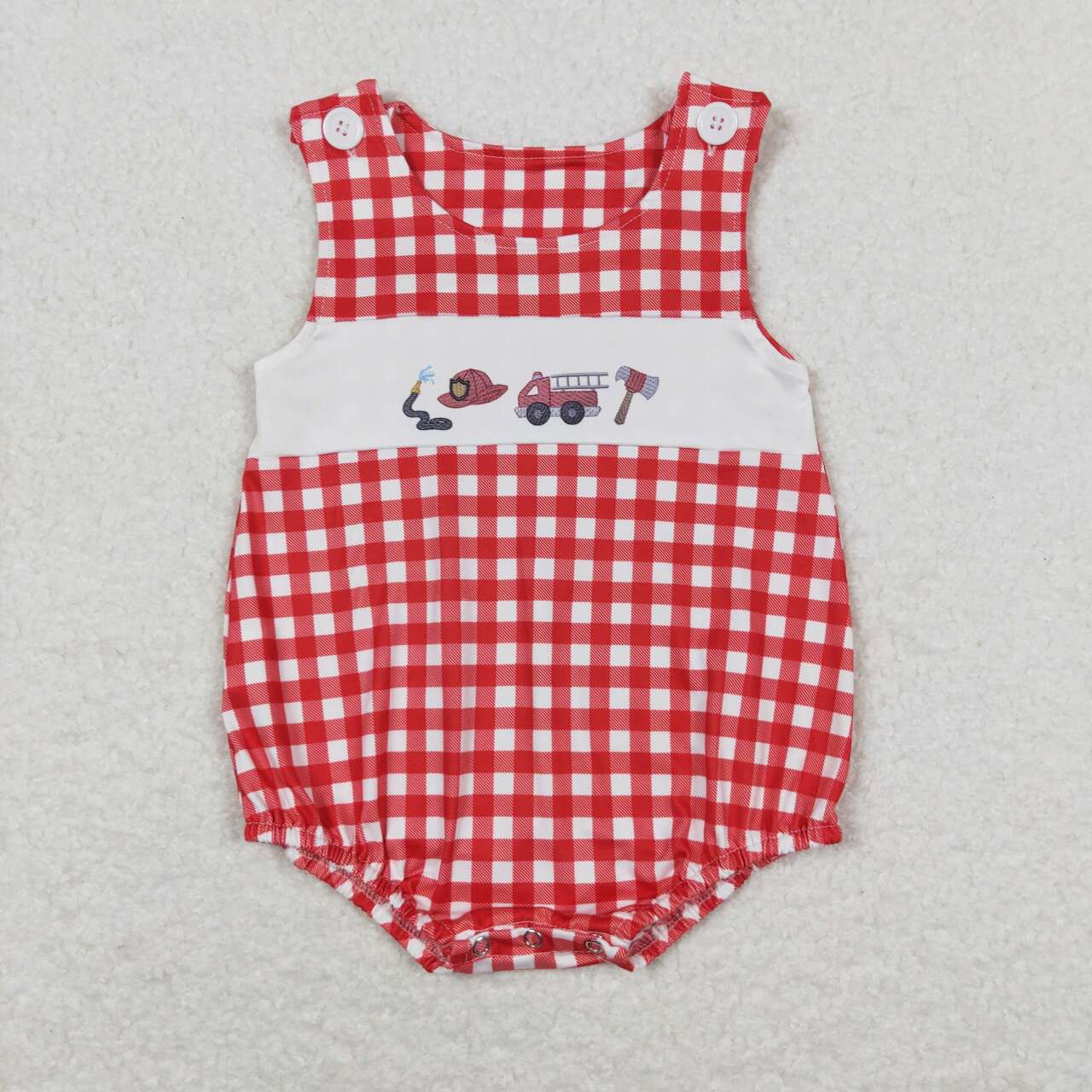 SR1174 Fire Engine Red Plaid Print Baby Boys Summer Romper