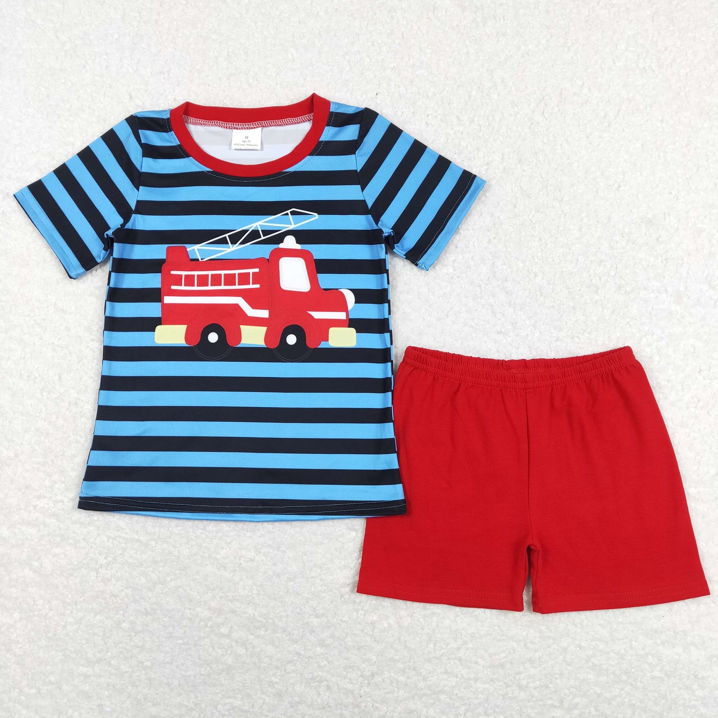 BSSO0469  Blue Stripes Fire Truck Top Red Shorts Boys Summer Clothes Set