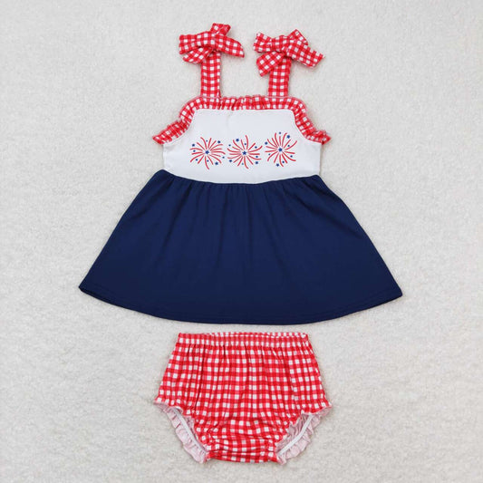 GBO0330 Fireworks Navy Strap Top Plaid Shorts Baby Girls 4th of July Bummie Set