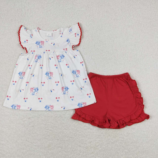 GSSO0797  Stars Dog Flags Fireworks Top Red Shorts Girls 4th of July Clothes Set