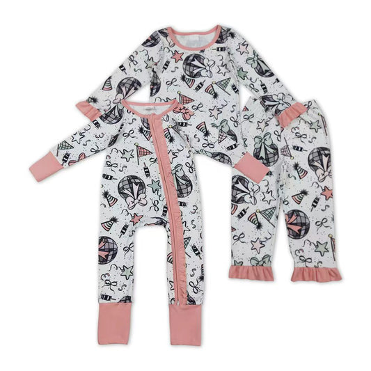 Fireworks Stars Bows Print Girls Happy New Year Clothes Sisters Matching Wear