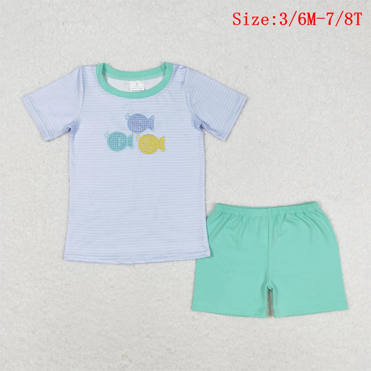 BSSO0587 Fish Embroidery Top Green Shorts Boys Summer Clothes Set