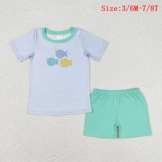 BSSO0587 Fish Embroidery Top Green Shorts Boys Summer Clothes Set