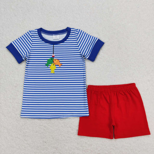 BSSO0588 Fishing Embroidery Top Red Shorts Boys Summer Clothes Set