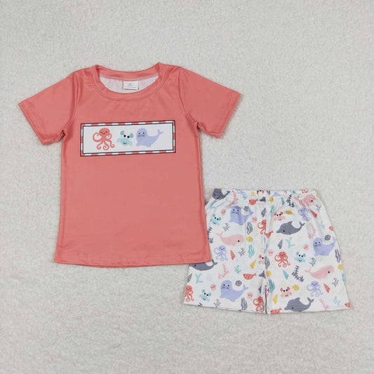 BSSO0671  Octopus Crab Sea Lion Fish Print Boys Summer Clothes Set