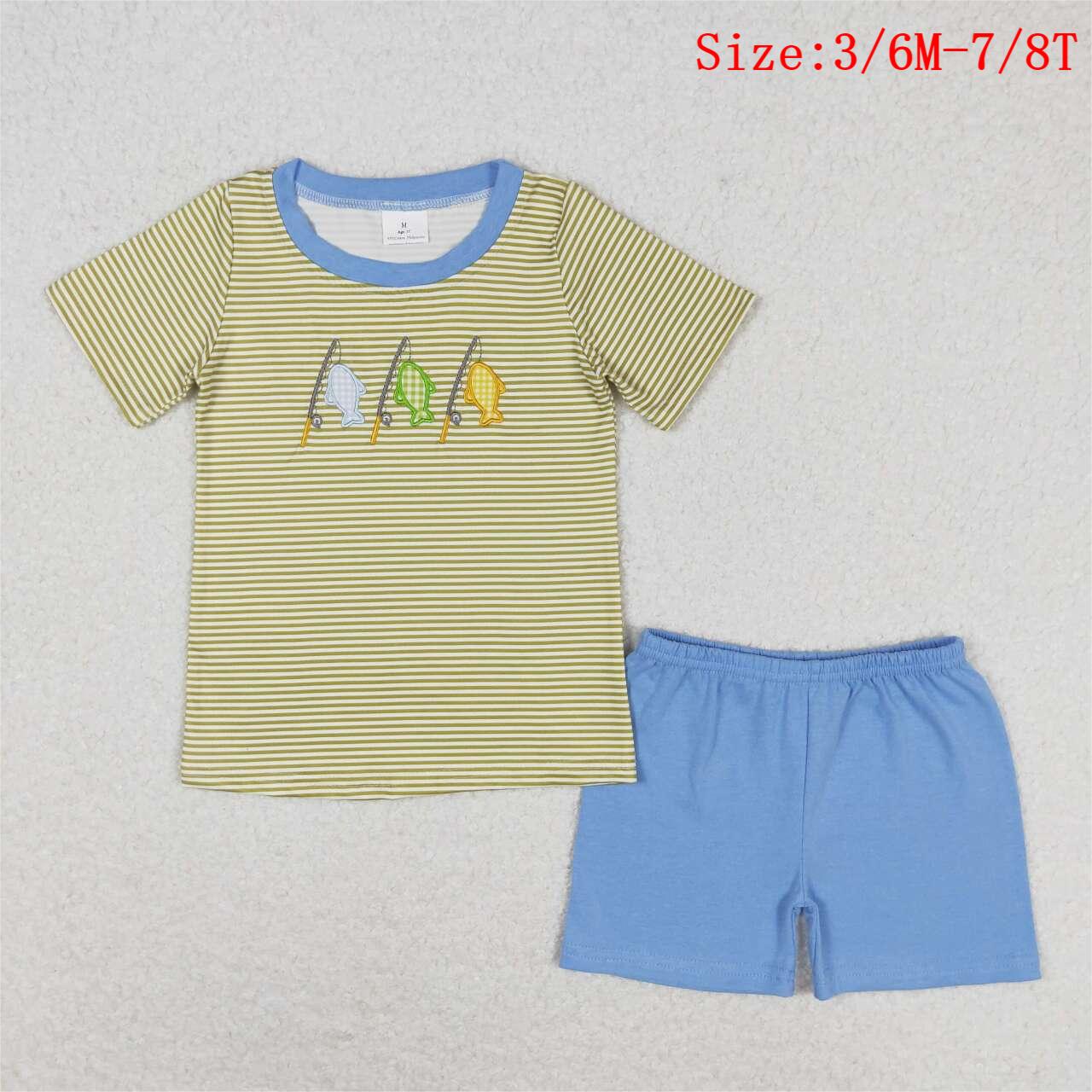 BSSO0732 Fishing Embroidery Stripes Top Blue Shorts Boys Summer Clothes Set