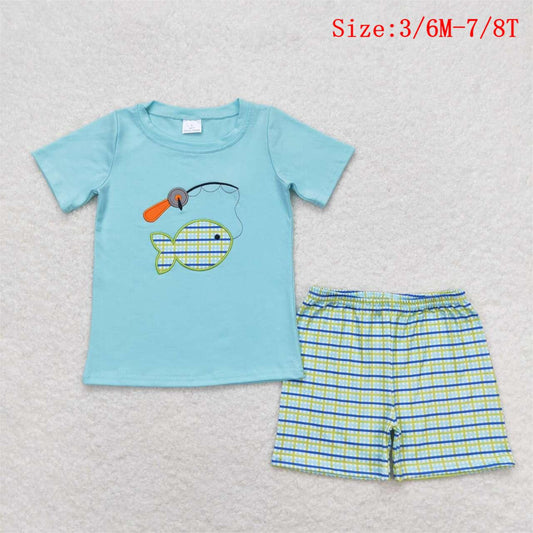 BSSO0798 Fishing Embroidery Top Plaid Shorts Boys Summer Clothes Set