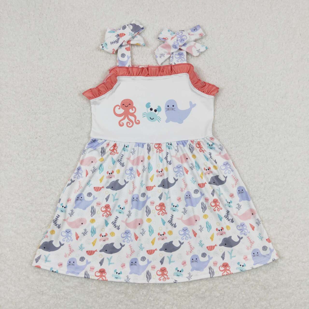 GSD0915 Octopus Crab Sea Lion Fish Print Girls Summer Knee Length Strap Dress