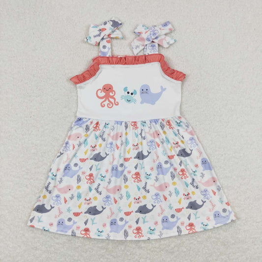 GSD0915 Octopus Crab Sea Lion Fish Print Girls Summer Knee Length Strap Dress