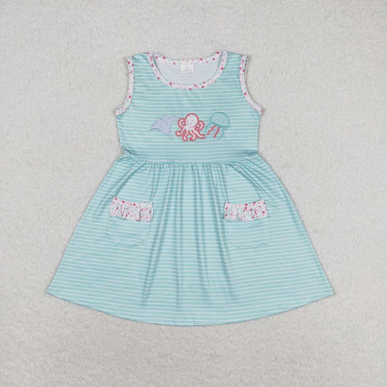 GSD0963 Marine Organism Fish Embroidery Stripes Print Girls Knee Length Dress