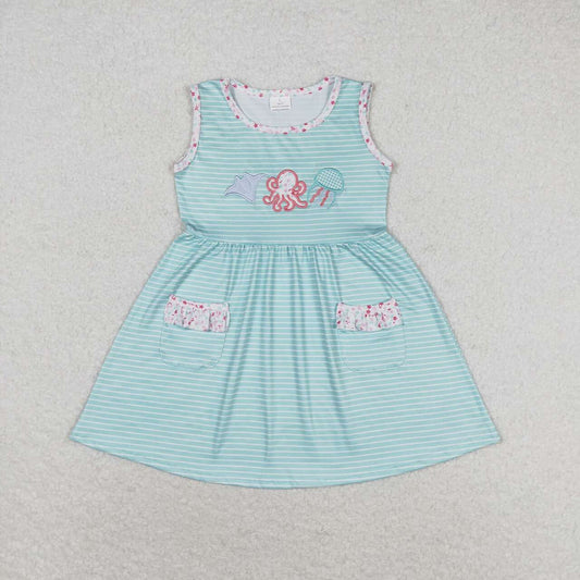 GSD0963 Marine Organism Fish Embroidery Stripes Print Girls Knee Length Dress