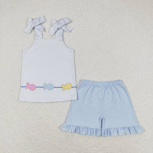 GSSO0809  Fish Embroidery Top Blue Shorts Girls Summer Clothes Set