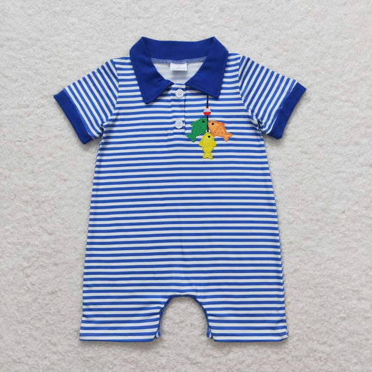 SR1045 Fishing Embroidery Stripes Print Baby Boys Summer Romper