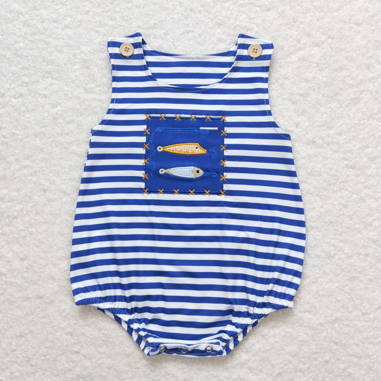 SR1074 Fishing Embroidery Stripes Baby Boys Summer Romper