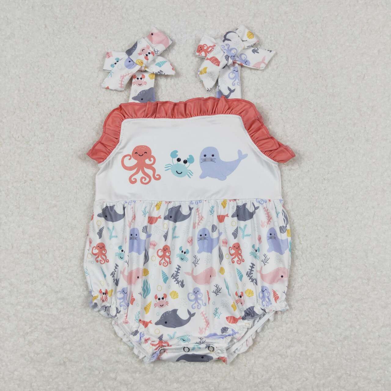 SR1187 Octopus Crab Sea Lion Fish Print Baby Girls Summer Strap Romper