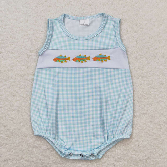 SR1265 Fish Embroidery Blue Plaid Print Baby Boys Summer Romper