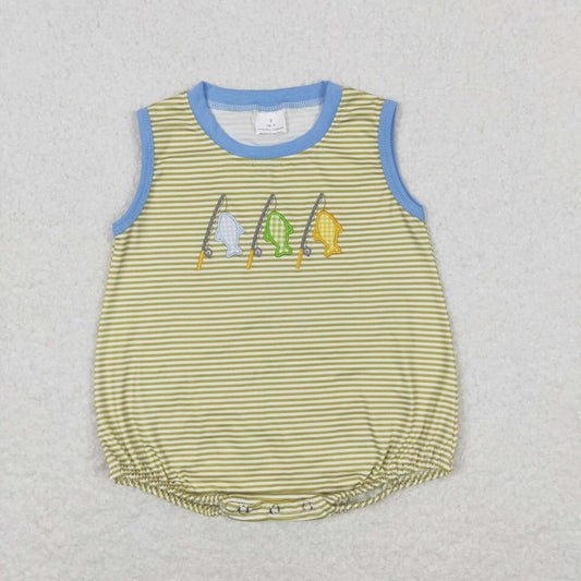 SR1281 Fishing Embroidery Stripes Print Baby Boys Summer Romper