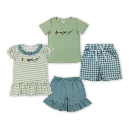 Fishhook Embroidery Kids Summer Clothes Set Sibling Wear